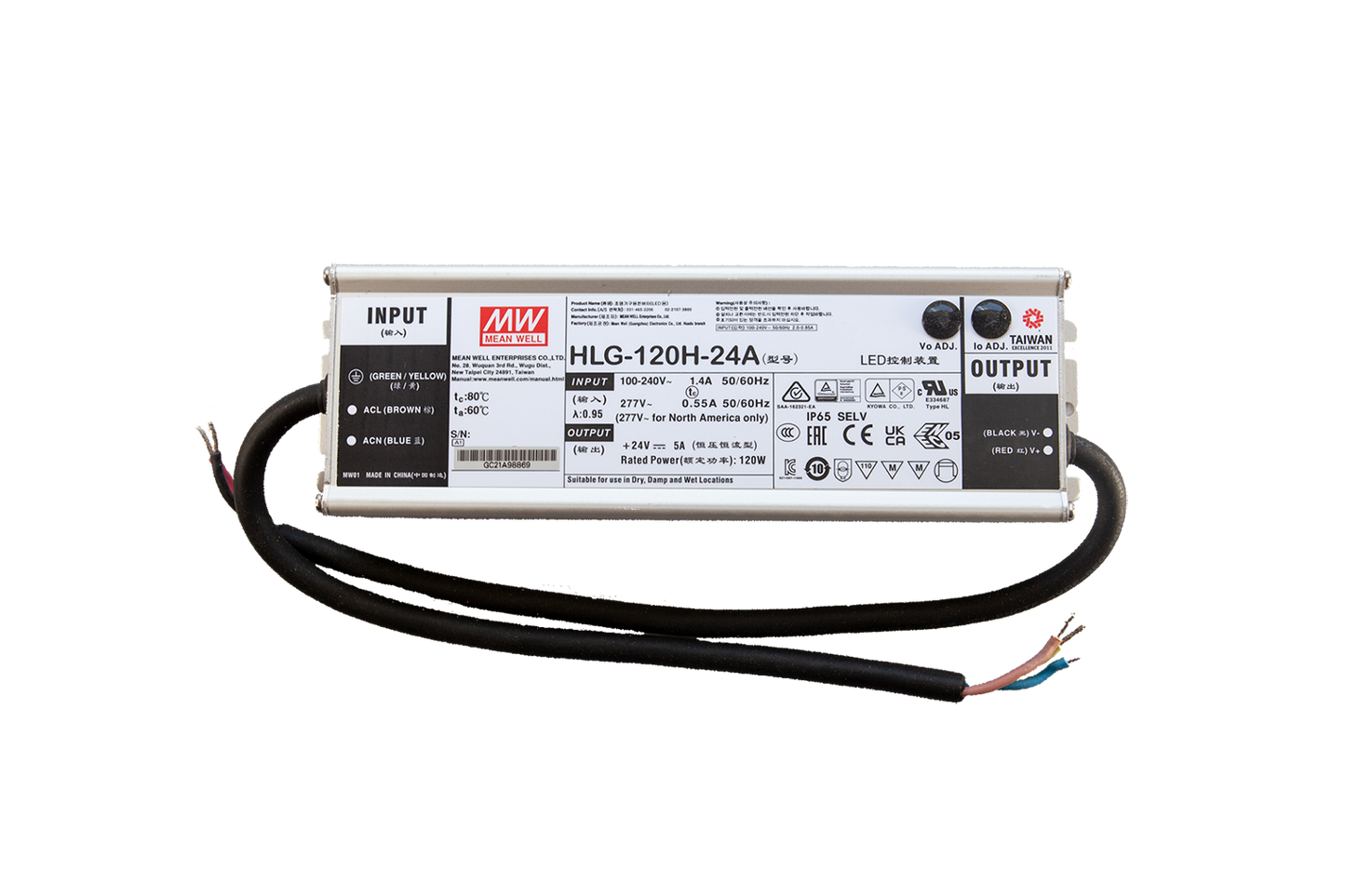 MEANWELL 120 WATT (HLG-120H-24A) Power Supply 5yr Warranty IP65 Constant Current 24v