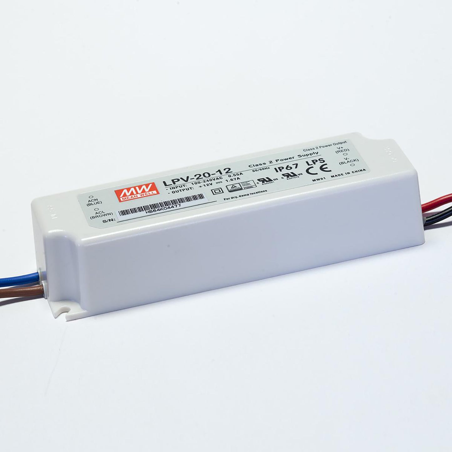 MEANWELL 20 Watt (LPV-20-12) *PLASTIC CASING* 2-yr warrranty Class 2 CV LED SMPS IP67