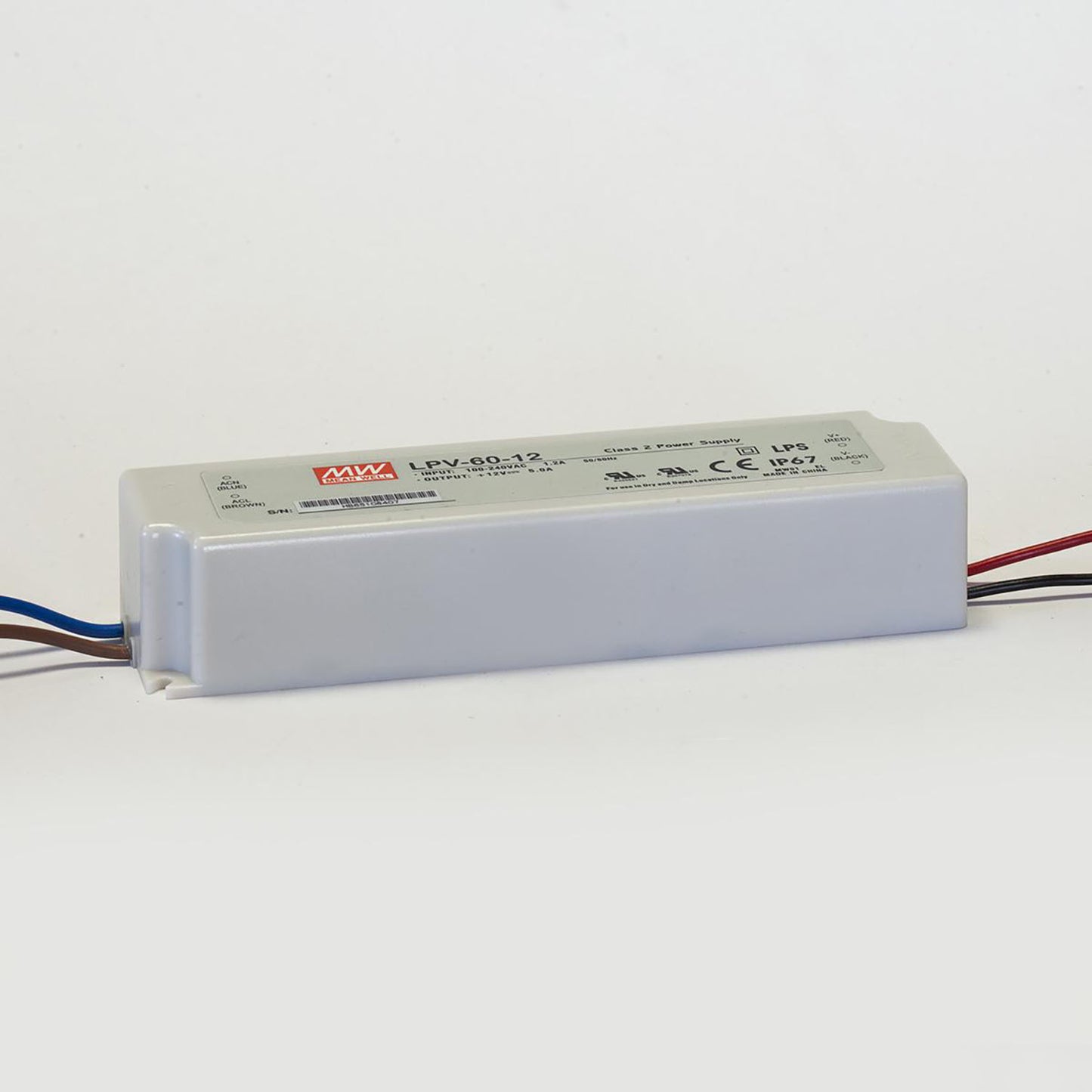 MEANWELL 60 Watt (LPV-60-12) *PLASTIC CASING* 2-yr warrranty Class 2 CV LED SMPS IP67 12v