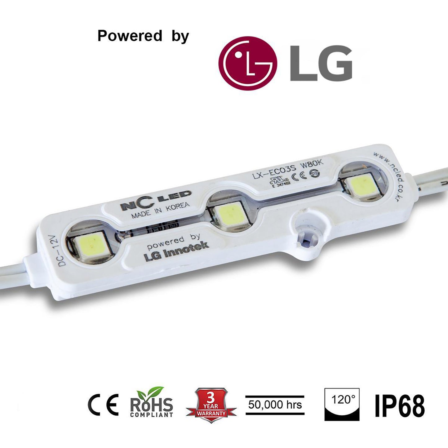 NC LED (Korea) White 6500k 5630SMD POWERED by SAMSUNG LED 1.2w 3led/Mod, 2 Mod/Ft, 3 Year Warranty, IP68