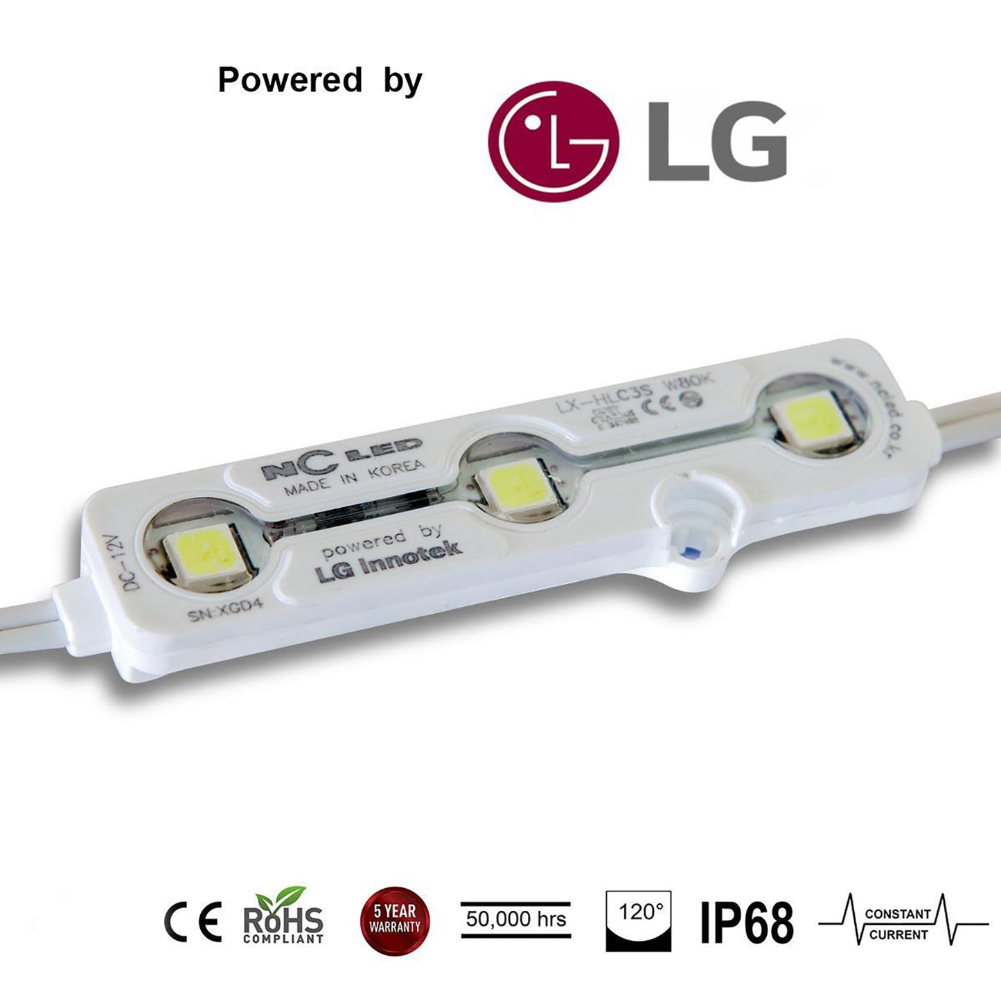 NC LED (Korea) White 8000K, .72W, 2 Mod/ft, 3 led/mod 120DEG LENS Powered by LG 2835SMD, 5YR Warranty IP68 (CC)