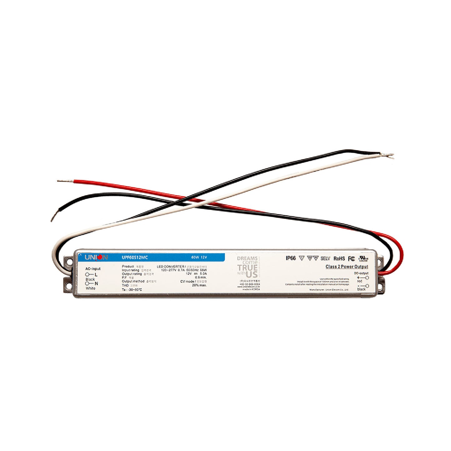UNION (Korea) 60w 12v SLIM metal case 100-277Vac IP66 (UL)