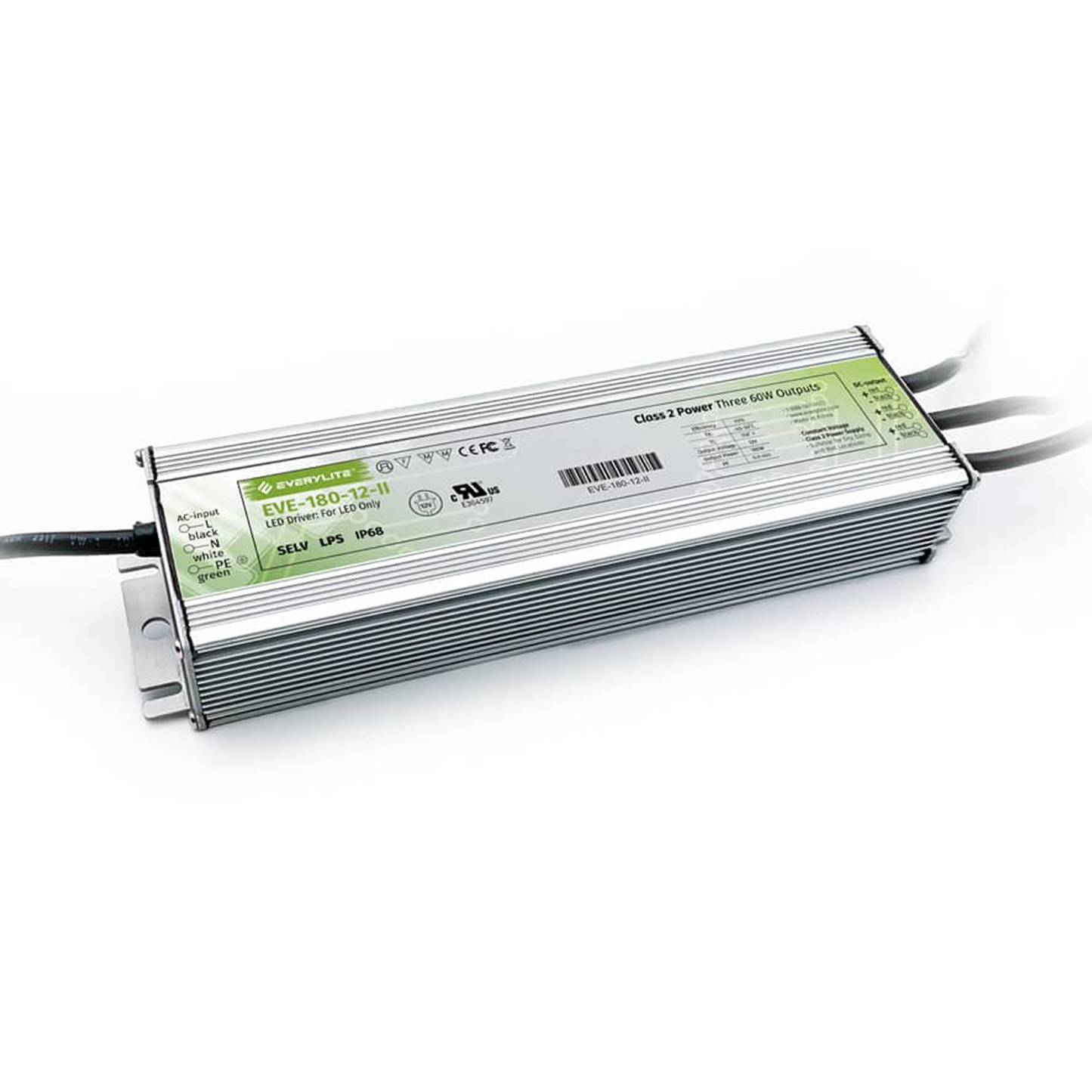 EVE Series Power Supply, ..180W, 12V, 90~305VAC, 5A per output, three outputs, IP68, Class 2.