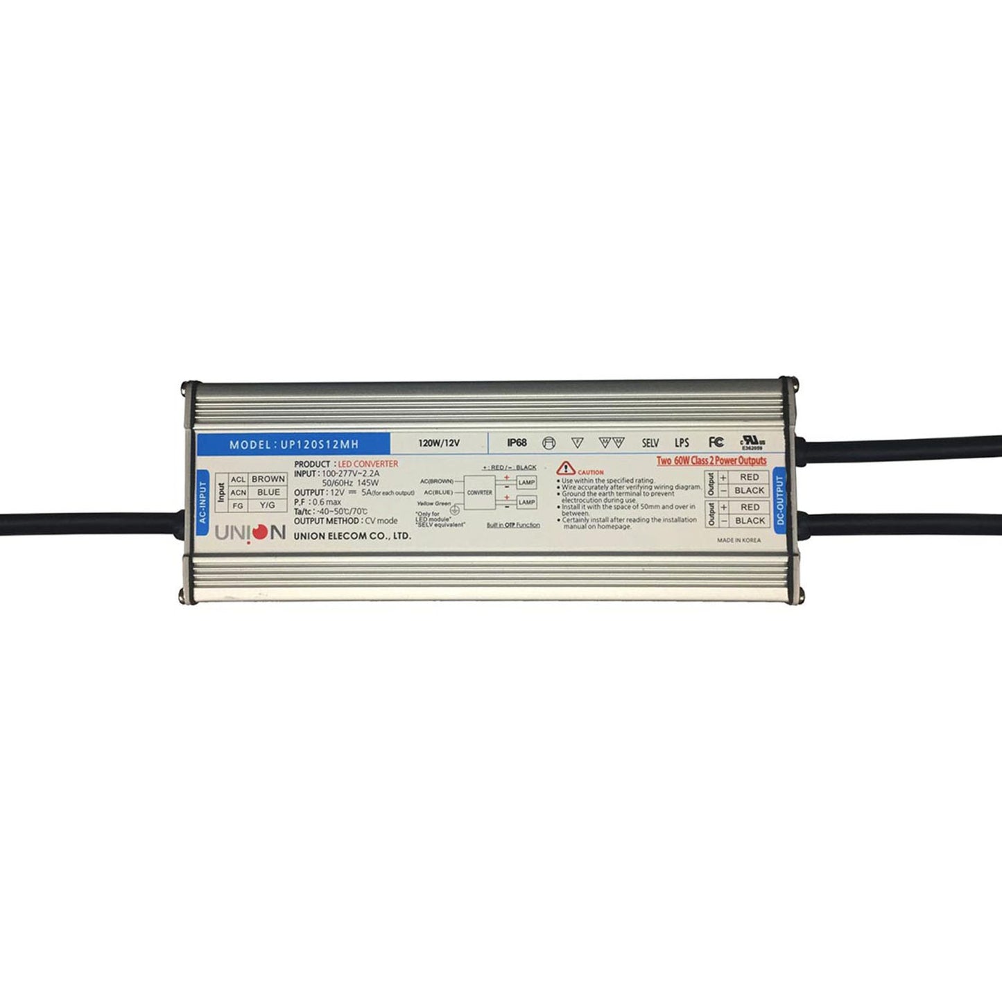 UNION (KOREA)12v 120w [VAC:100-277V]   SMPS  5A*2 (DUAL OUTPUT) METAL IP68 CLASS 2 (UL)
