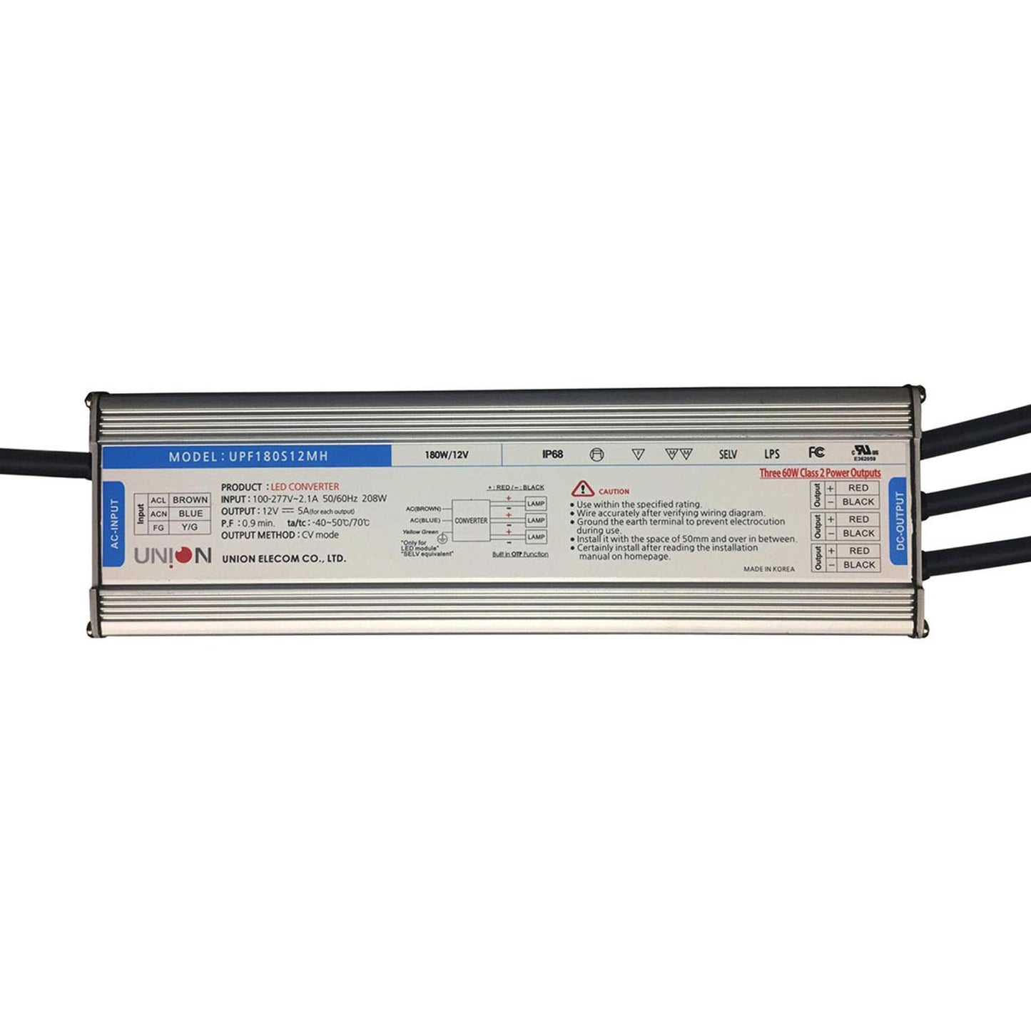 UNION (KOREA)12v 180w [VAC:100-277V]   SMPS  5A*3 (TRIPLE  OUTPUT) METAL IP68 CLASS 2 (UL)