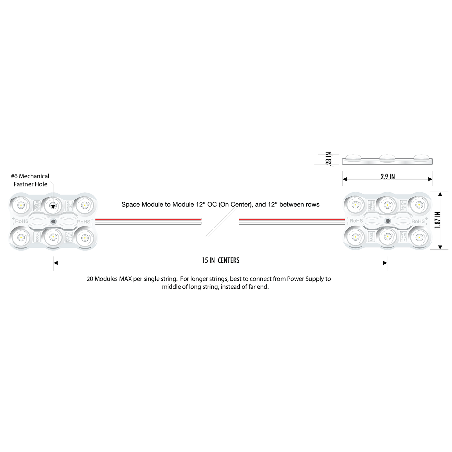 BrightON High Power SunFire, 2.4w LED Module, 5YR Constant current 24V, 40 Mod/ Bag 6500K, 560 Mod/Case